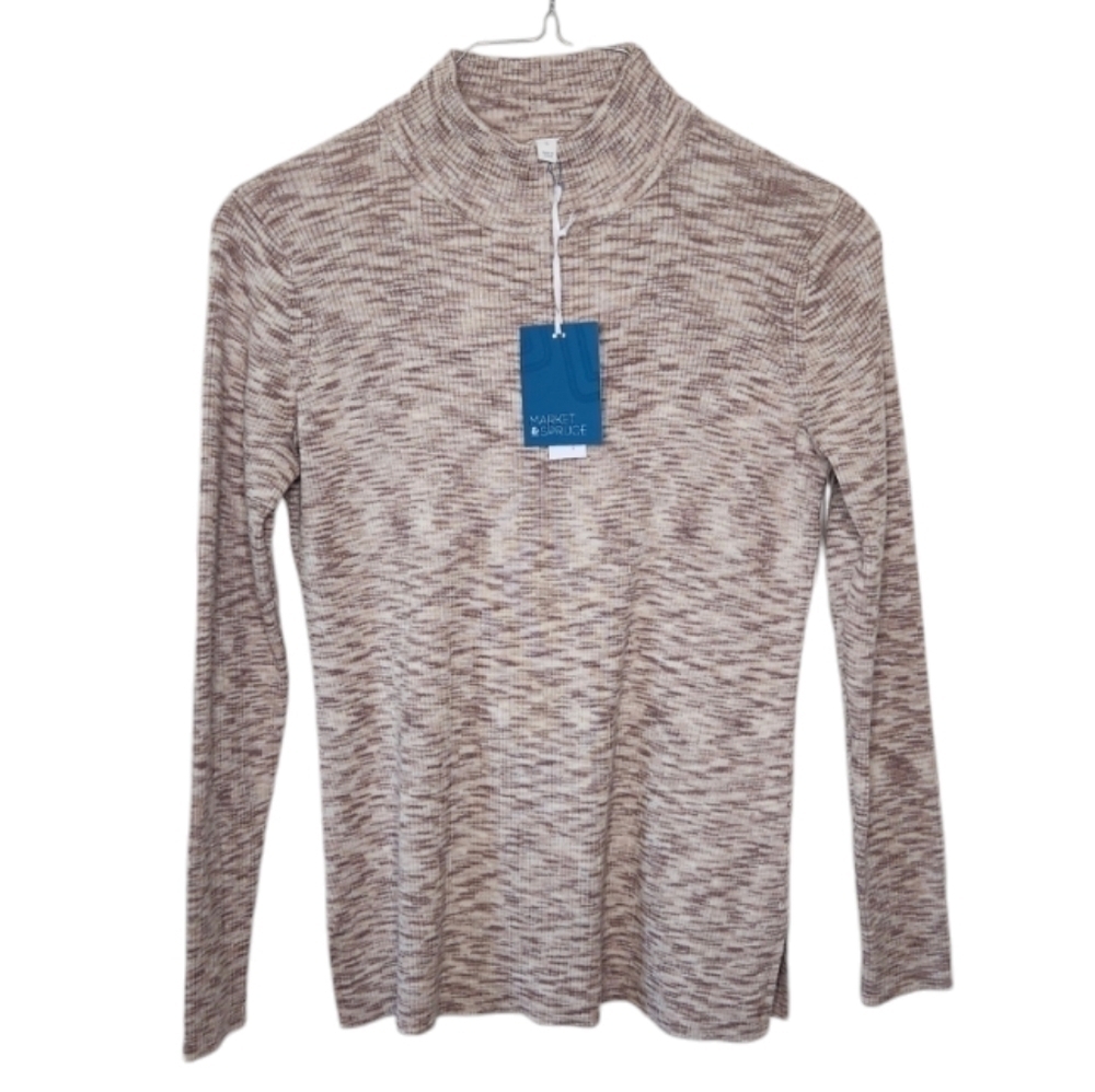 Market & Spruce Mock Turtleneck Long Sleeve Ribbed Sweater Taupe Size L